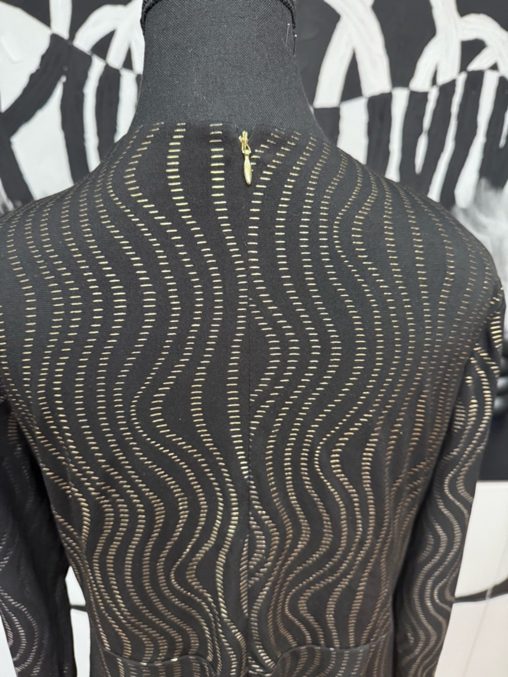 Thalia Sodi Black Gold Sheer Wave Detail Long Sleeve Dress XL Elegant Chic - Picture 5 of 11